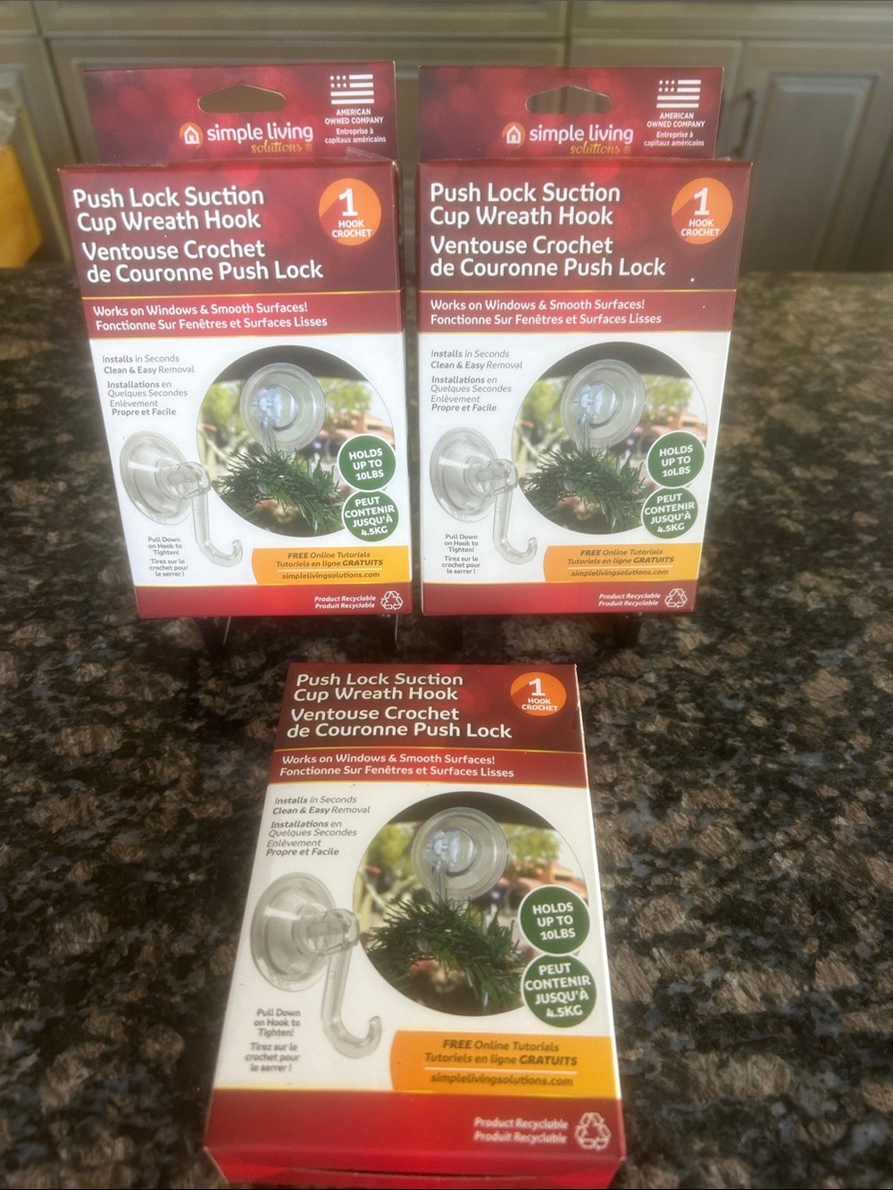 SIMPLE LIVING SOLUTIONS PUSH LOCJ SUCTION CUP WREATH HOOK LOT OF 3 NWT